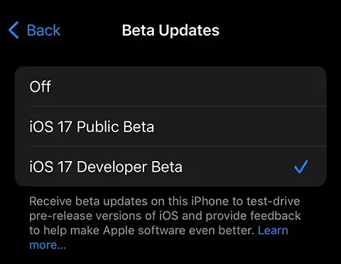iOS Beta options available to already enrolled users
