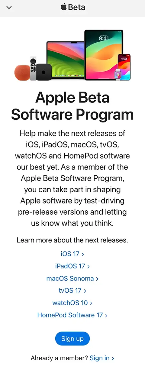Apple Beta Software Program screen